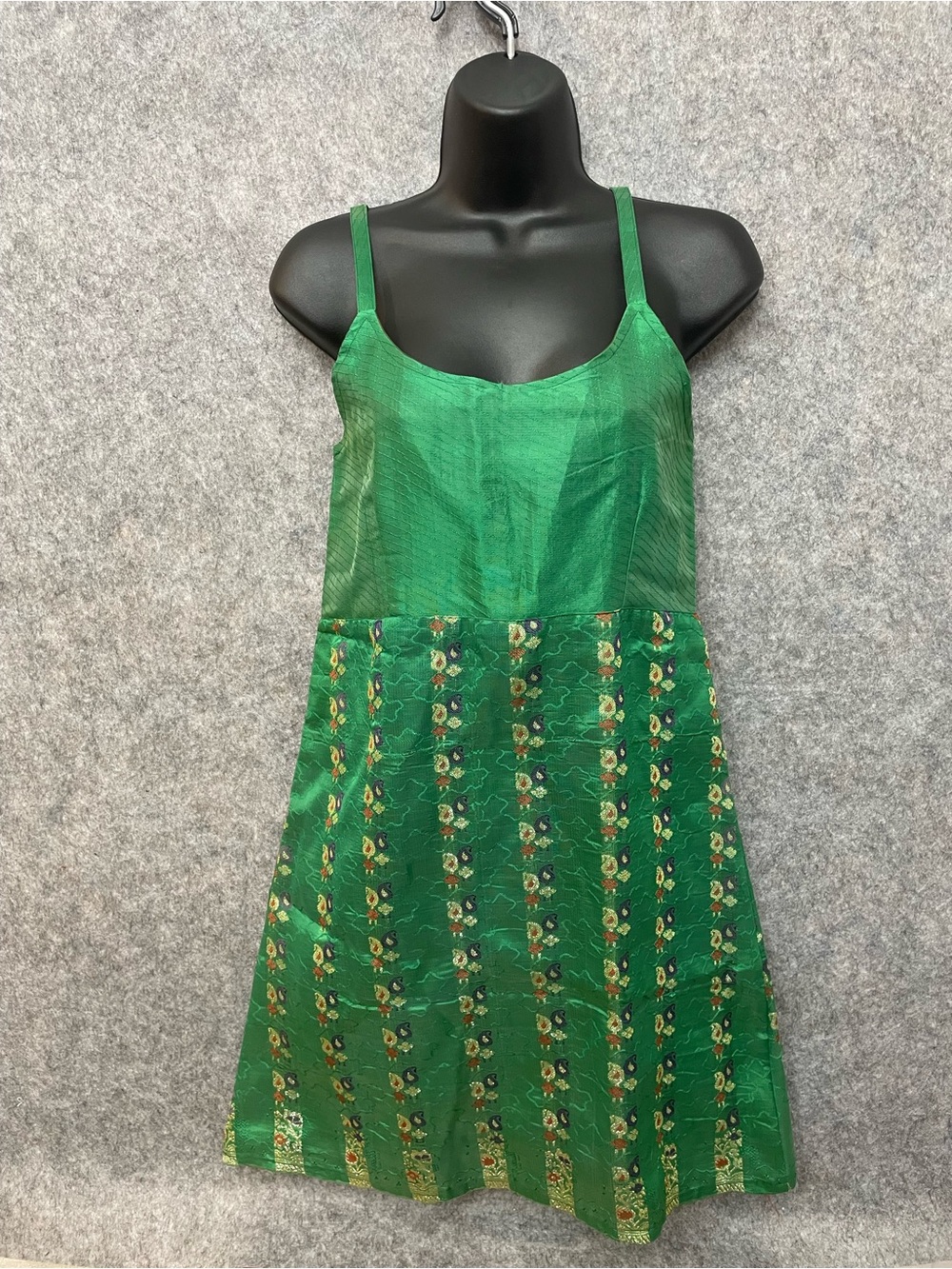 Y2K 100% Silk Green Brocade Jacquard Tunic Top S Boho Festival Bollywood